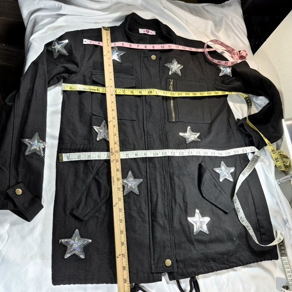 Buddy Love Black Sequin Star Military Utility Jacket Cotton Canvas Parker Cargo - Picture 7 of 13